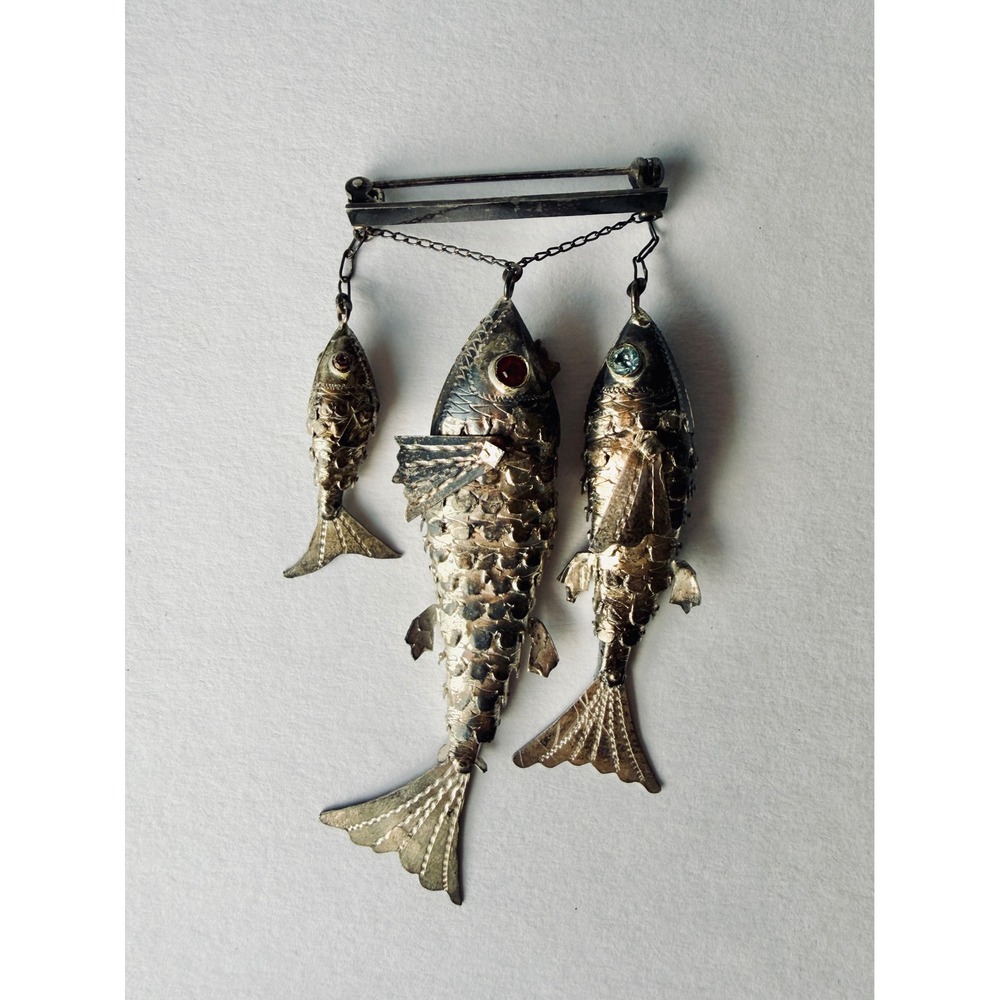 Vintage Sterling Silver 925 Articulated Fish Brooch Glass Eyes Mid Century